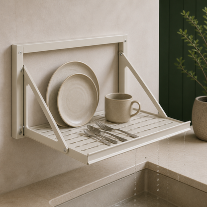 Fold-Down Dish Drying Rack — in everyday use